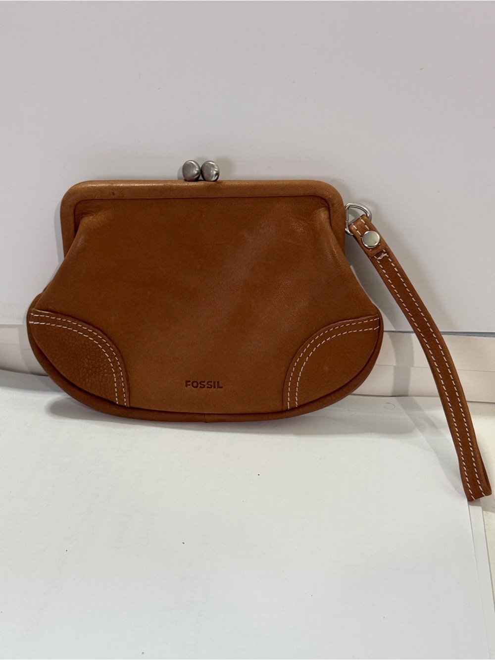 Fossil Tan Leather Kiss-Lock Wristlet Clutch